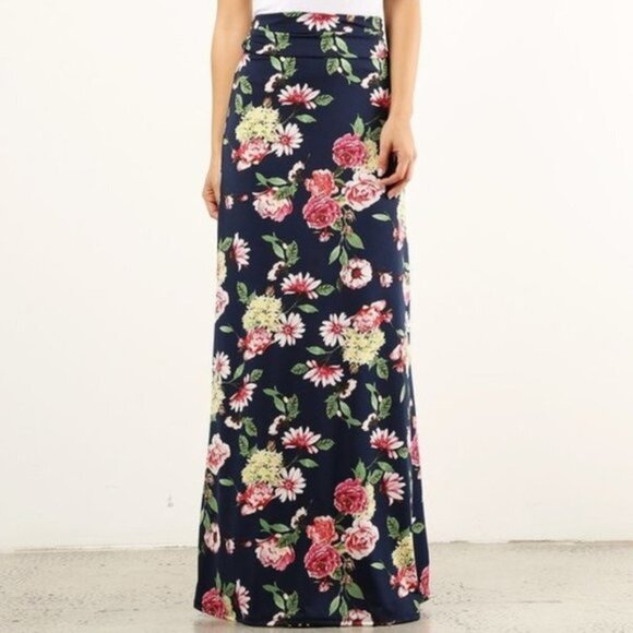 Dark Navy Blue Floral Flower Long Maxi Skirt Samll - Picture 1 of 5